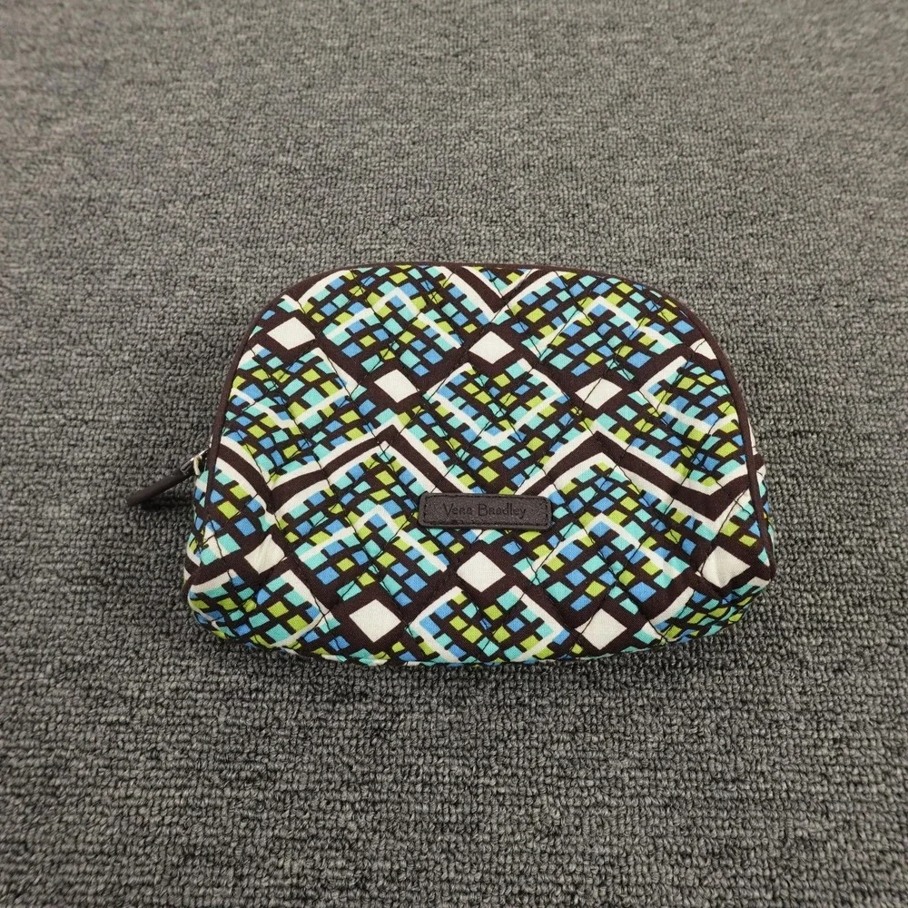 Vera Bradley Cosmetic Bag Blue Green Brown Quilted‎ Makeup Pouch Travel Zip Case
